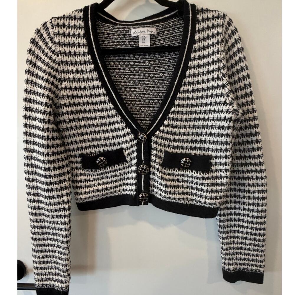 London Kaye Cropped Cardigan Womens Medium Black and White Classic Afternoon Tea